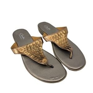 Clarks Bendables Bronze Metallic Sequin Thong Wedge Sandals 35706 Womens 8M